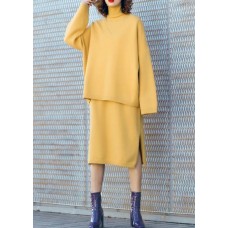 Autumn new temperament yellow high collar long-sleeved sweater suit skirt two-piece