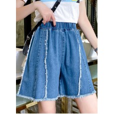 Modern Blue Elastic Waist Patchwork Tassel Cotton Denim Hot Pants Summer