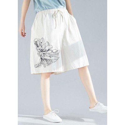 white embroidery blended loose pants casual elastic waist shorts