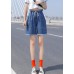 French Light Blue Elastic Waist Drawstring Pockets Cotton Denim Short Pants Summer