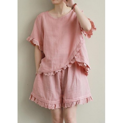 Loose linen suit female lace irregular round neck short sleeve T-shirt shorts two-piece suit