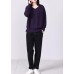 Comfy long sleeve sweater Loose fitting purple knit tops v neck