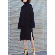 Set female 2019 large size turtleneck sweater suit skirt black two-piece long paragraph over the knee