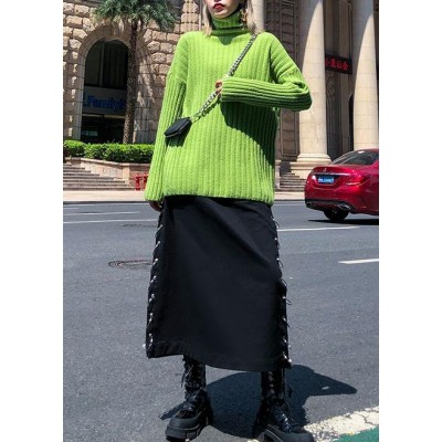 Cozy green knit tops oversize high neck thick knitted pullover