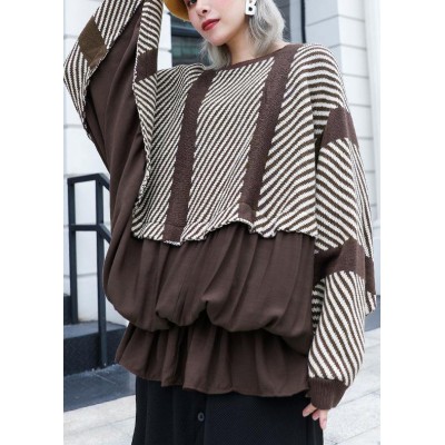 Oversized chocolate striped box top plus size clothing o neck ruffles patchwork knit sweat tops