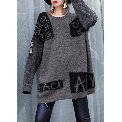 For Work gray chocolate patchwork knitted clothes plus size o neck Hole knitwear